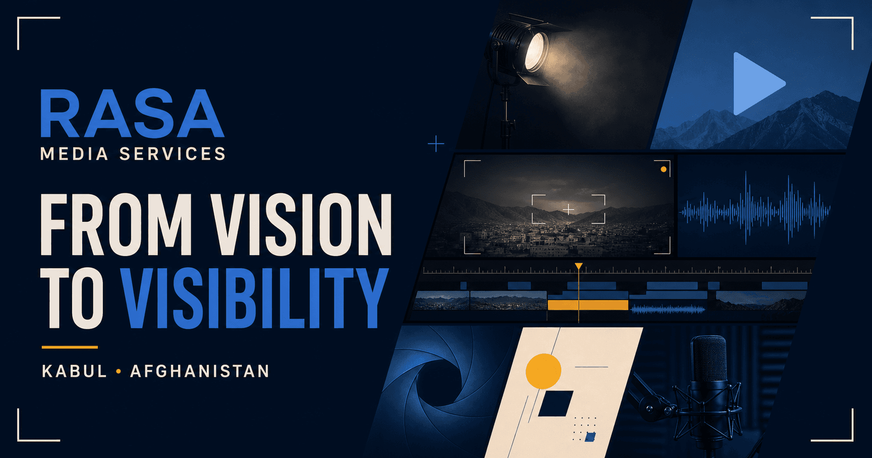 Rasa Media Services cinematic brand composition showing production, editing, design, and podcast motifs
